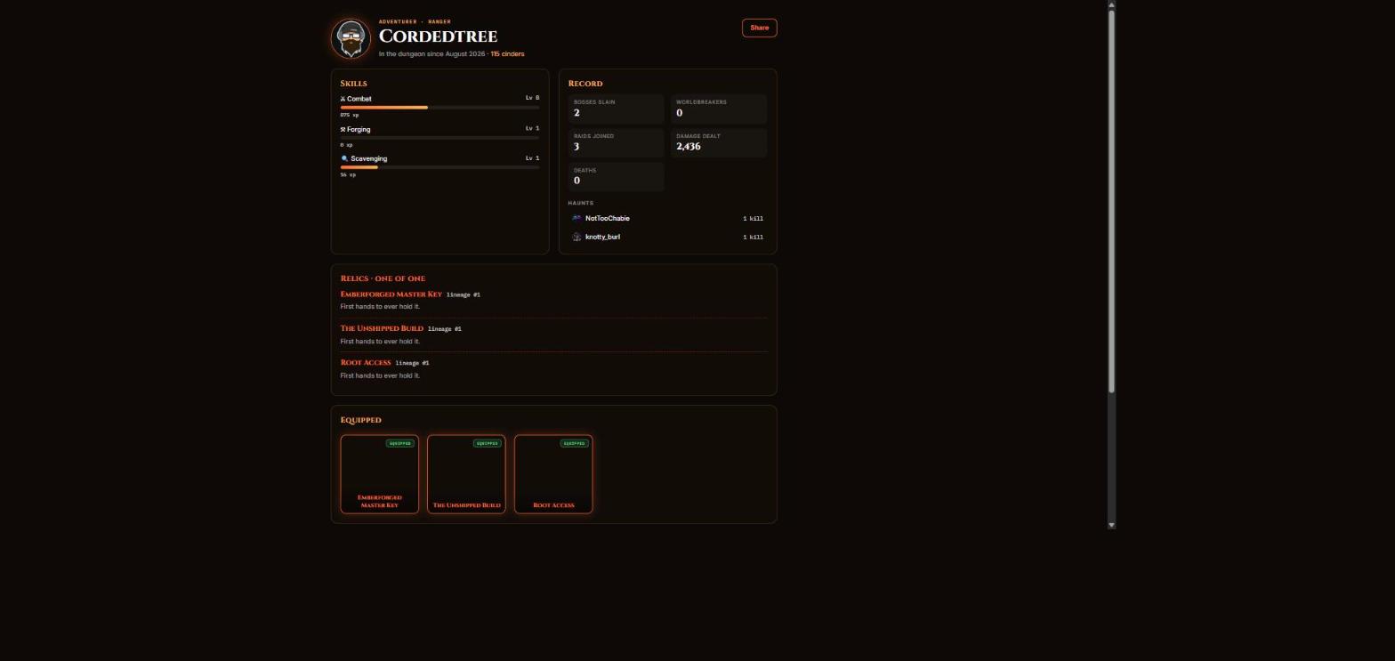 A viewer’s public trophy page: skills, kill record, relics with lineage, and stamped gear